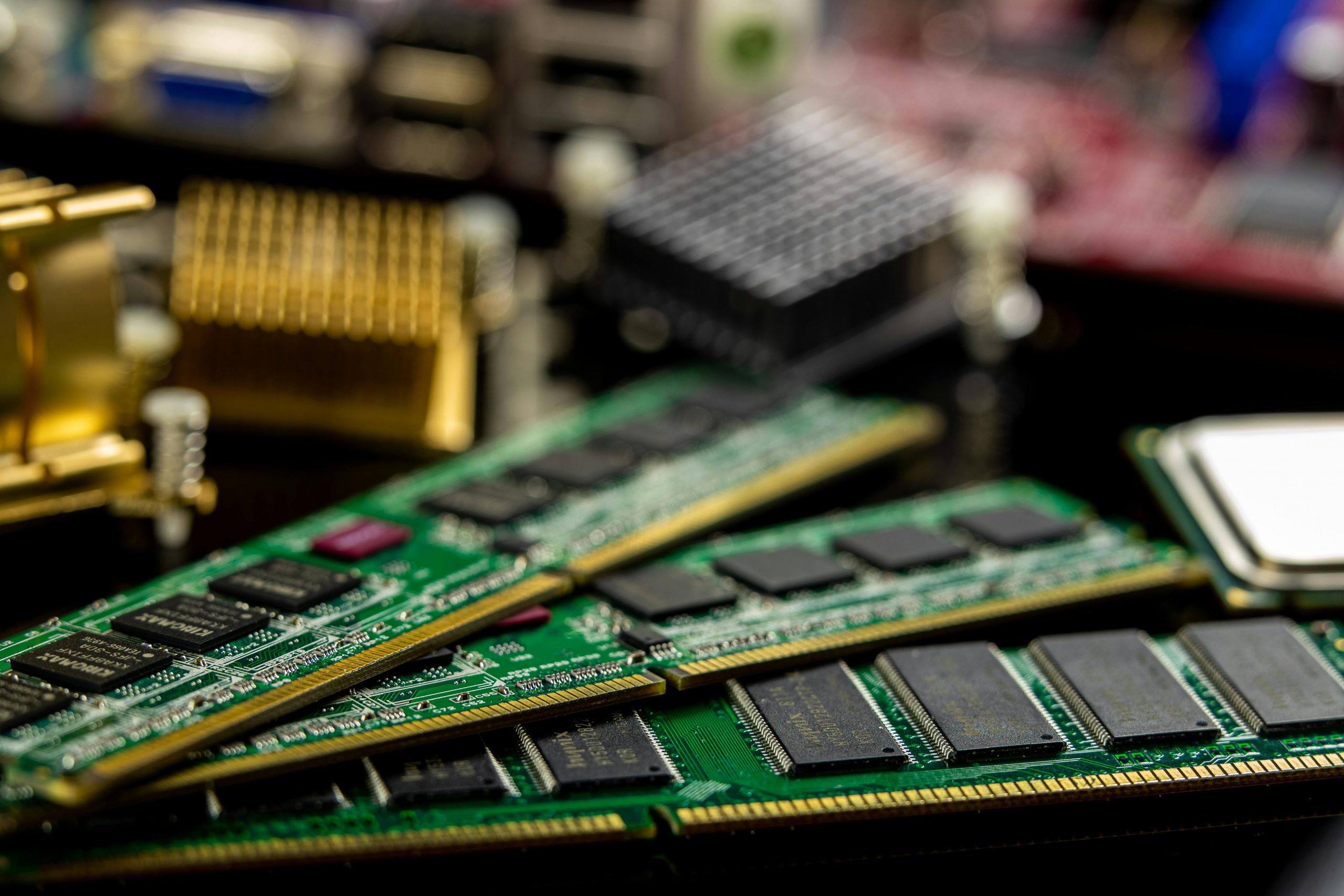 close-up view of multiple RAM sticks